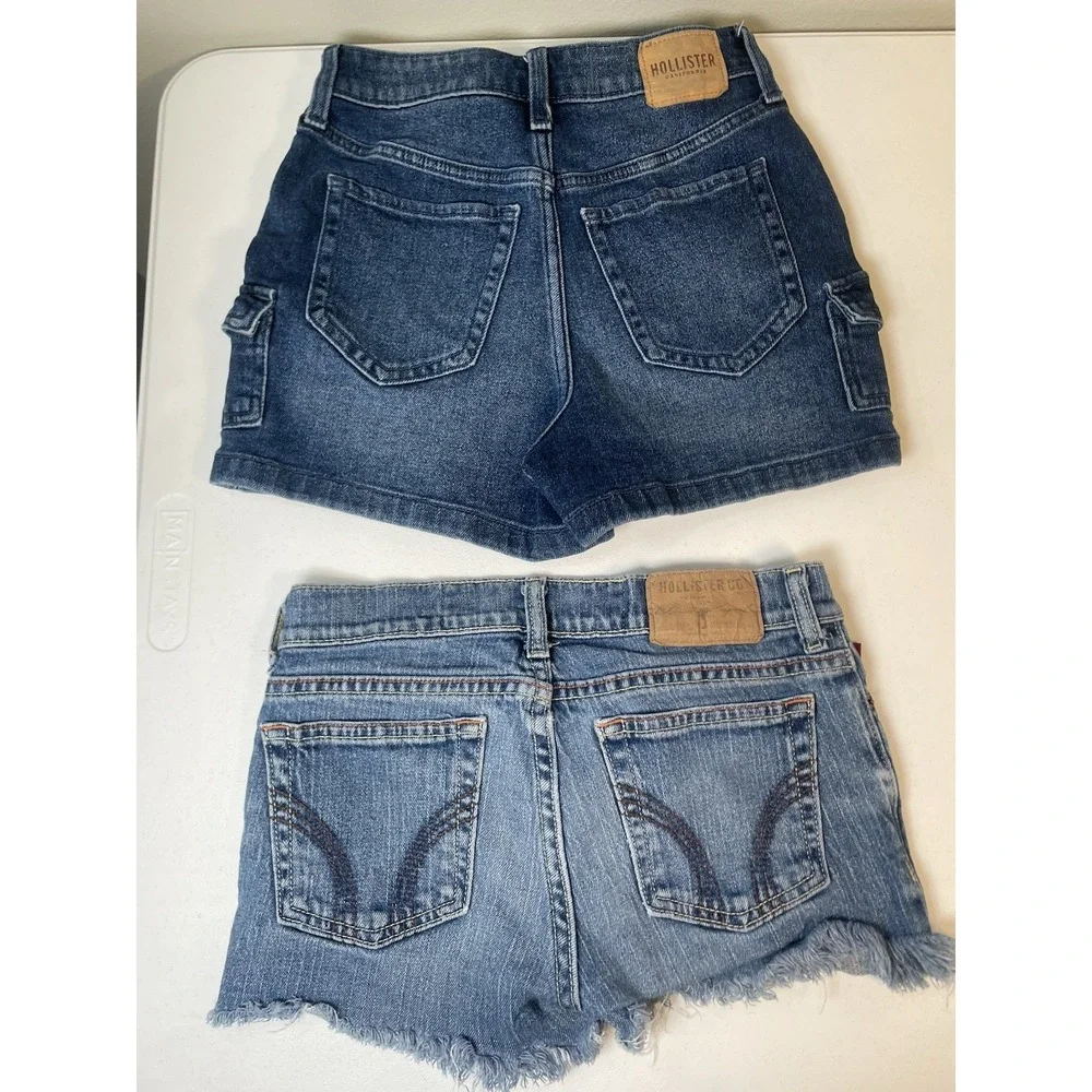 Hollister Women's Jean Shorts‎ 0 1 Lot of 3 Denim Blue Pink Plaid Mom High Rise